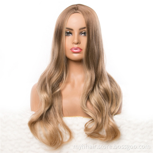 Long Wavy Ombre Blonde Wigs Brown Mix Color,Synthetic Wigs For Women Natural Middle Part Wig Hair